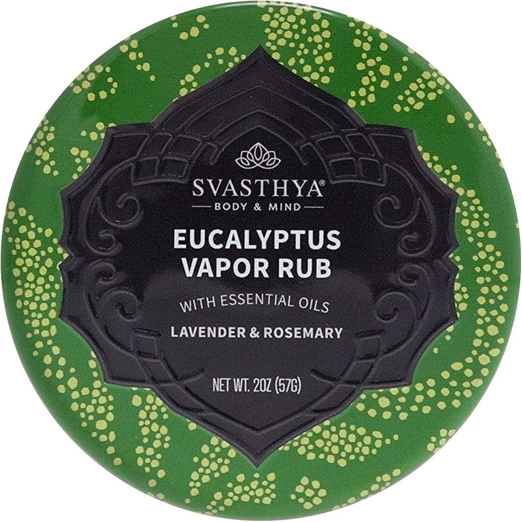 Svasthya Body & Mind Eucalyptus Vapor Rub - Nasal Passages을 열고 피부, 기침, Stuffy Nose & Congestion Relief, 올리브 오일, Beeswax, Lavender, Rosemary - 미국에서 만든 2oz