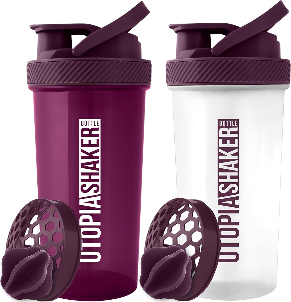 Utopia Home Protein Shaker Bottle - (팩 2) 28-Ounce Shaker Bottle For Protein Mixs - 피트니스 스포츠 클래식 단백질 믹서 셰이커 병 (Plum & Clear/Plum)