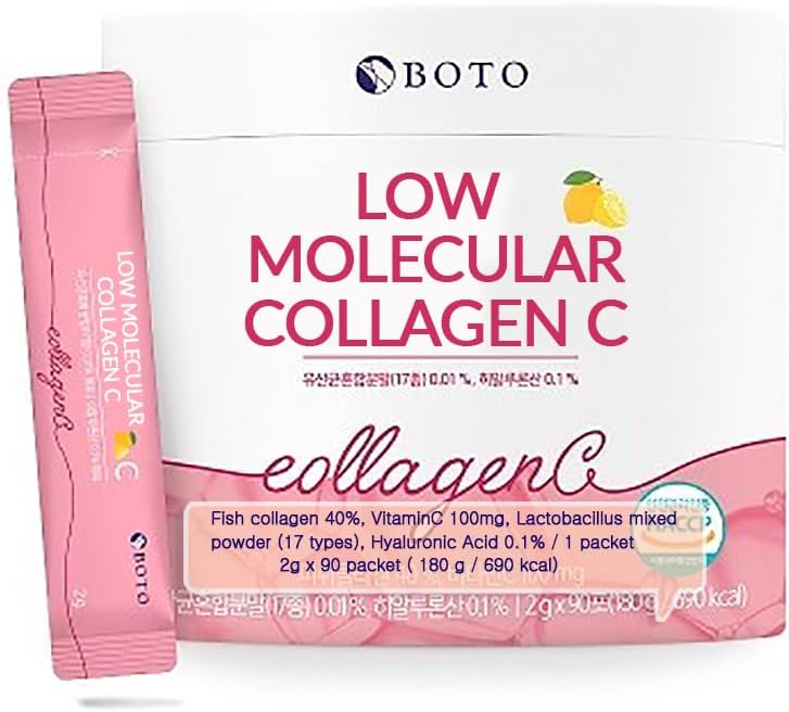 BOTO 낮은 교원질 C - 피부 머리 못 합동을 위한 Hyaluronic 산과 비타민을 가진 한국 아름다움 교원질 펩티드 분말 보충교재, 레몬 맛있게 - 3 달 - 팩의 90