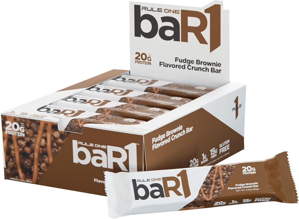 규칙 1 baR1 크런치 바 - 20g 프리미엄 단백질이있는 On-Go 편리한 단백질 스낵 바, EAAs / BCAAs, Hunger-Filling Fiber (12 Count Box, Fudge Brownie)로 자연적으로 포장