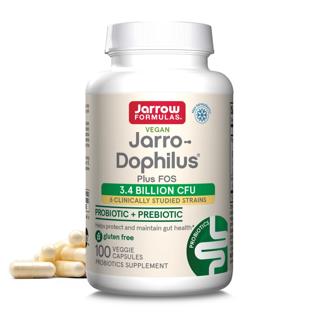 Jarrow Formulas Jarro-Dophilus + FOS - 봉사 당 3.4 억 조직 - 100 Veggie Caps - Prebiotic & Probiotic - Beneficial 박테리아에 영양 지원 - 100 개까지 봉사