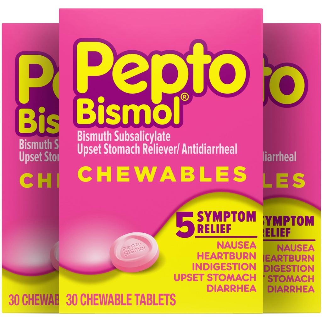Nausea, Heartburn, Indigestion, Upset Stomach 및 Diarrhea Relief, Original flavor, 90 Total (3 Pack of 30)의 Pepto Bismol Chewable 정제