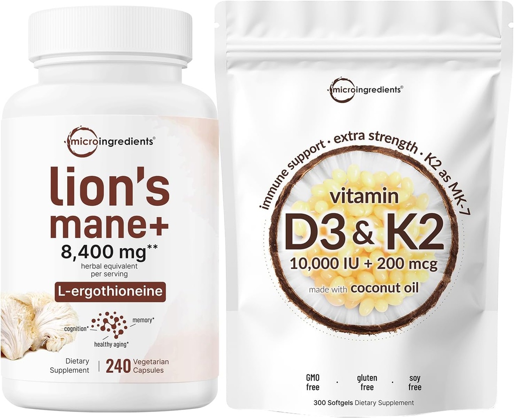 마이크로 성분 비타민 D3 10,000iu + K2 200mcg 코코넛 오일 Softgels & Lions Mane 보충 240 Veggie 캡슐 묶음 2 팩 | Essential Sunshine Vitamins | Superfood Mushroom Antioxidants with L-