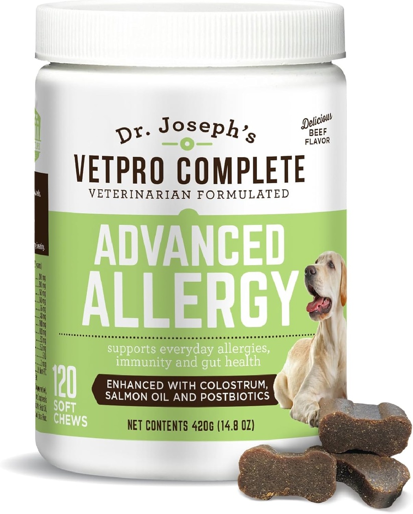 VetPro Advanced Allergy and Itch Support for Dogs - Seasonal Allergies, Itchy Skin, & Immunity 지원 - Salmon Oil, Probiotics & Colostrum for Allergies, Immune Support 및 Gut Health로 강화