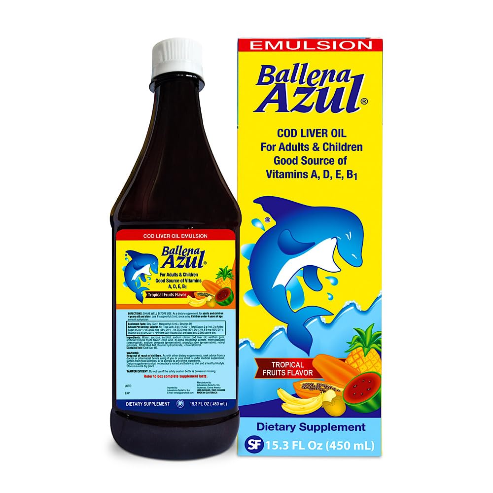 Ballena Azul Aceite de Hígado de Bacalao para Adultos y Niños, 성인과 어린이를위한 COD 간장 오일, 비타민의 좋은 소스, 다이어트 보충, 오메가 3 (Tropical Fruits 15 OZ)