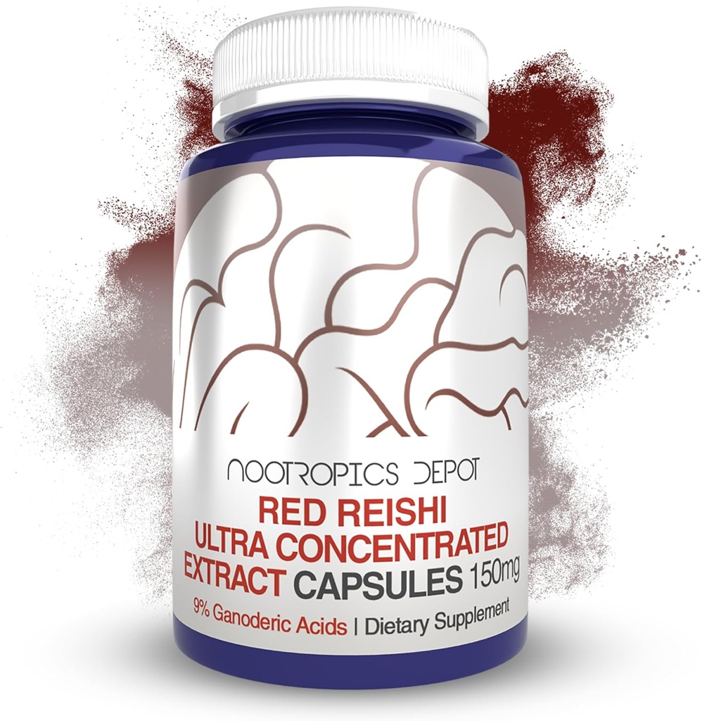 Nootropics Depot Red Reishi 버섯 캡슐 | 9 % 가노듐 | 150mg | 180 개