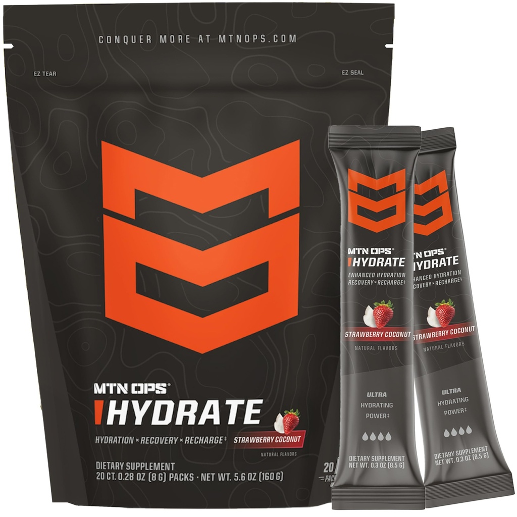 MTN OPS Hydrate 전해질 분말 음료 혼합, 20 단일 서빙 온-고 전해질 팩 1000mg 이상 서빙 당 Electrolytes, Strawberry 코코넛