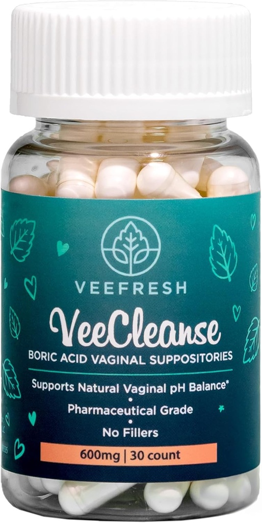 VeeFresh - VeeCleanse Boric 산 질 좌약 - 질 PH 균형 좌약 - 질 냄새 통제 - 신선한 느낌, Feminine 및 Confident