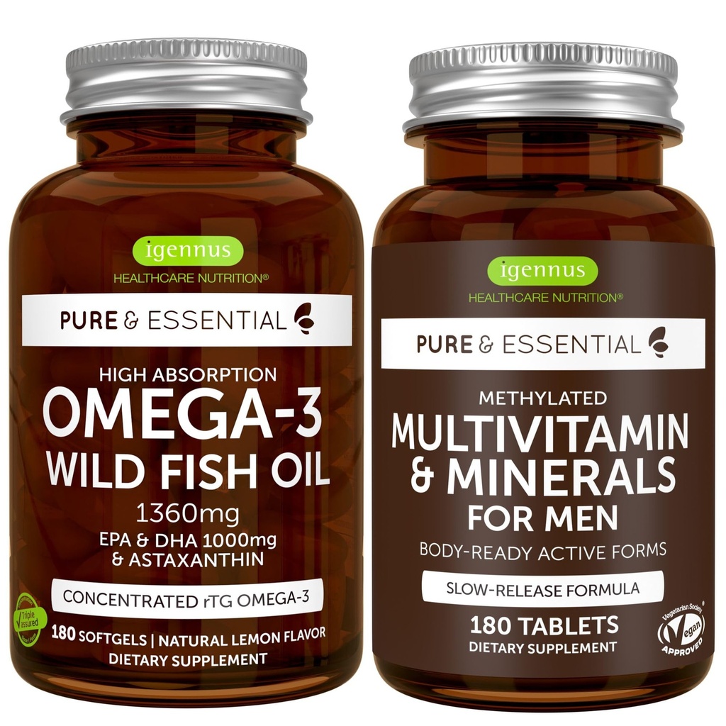 높은 흡수 Omega-3 야생 물고기 기름 + 메틸을 꿴 남자의 Multivitamin 뭉치, 1000mg EPA & DHA 180 Softgels +는 Igennus에 의해 Multivitamin 180 정제를, 중단했습니다