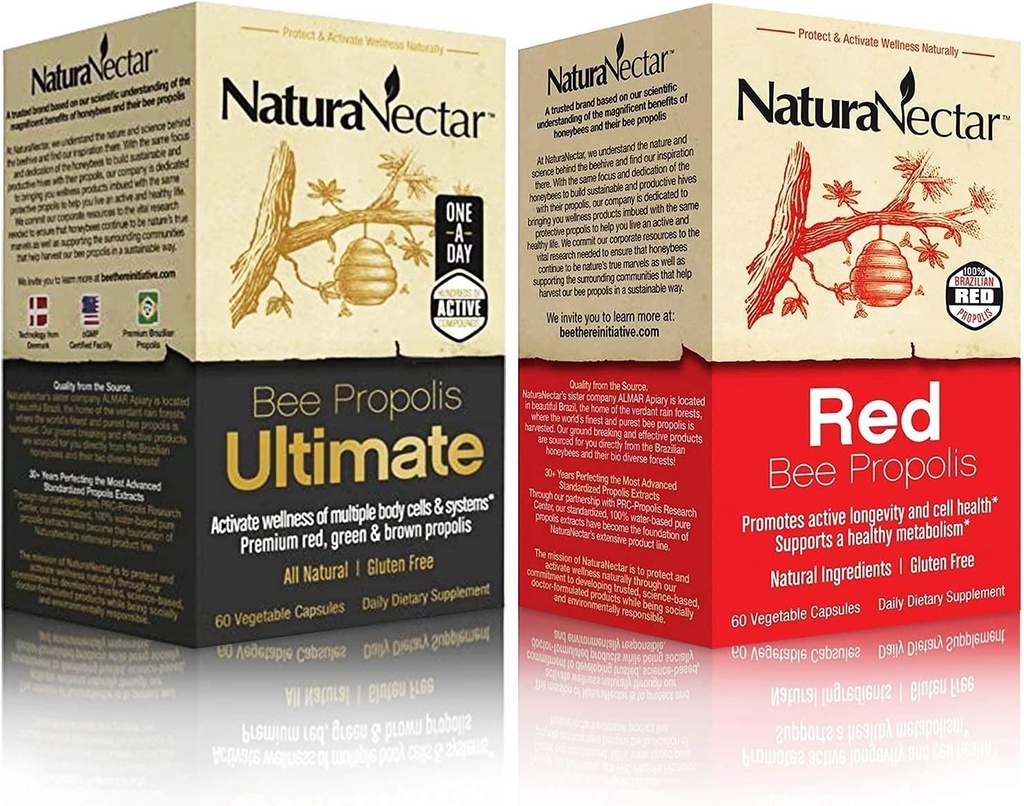 NaturaNectar Natural Bee Propolis Bundle - Bee Propolis Ultimate 및 Red Propolis - 면역 지원 및 건강한 대사 - 병 당 60 캡슐