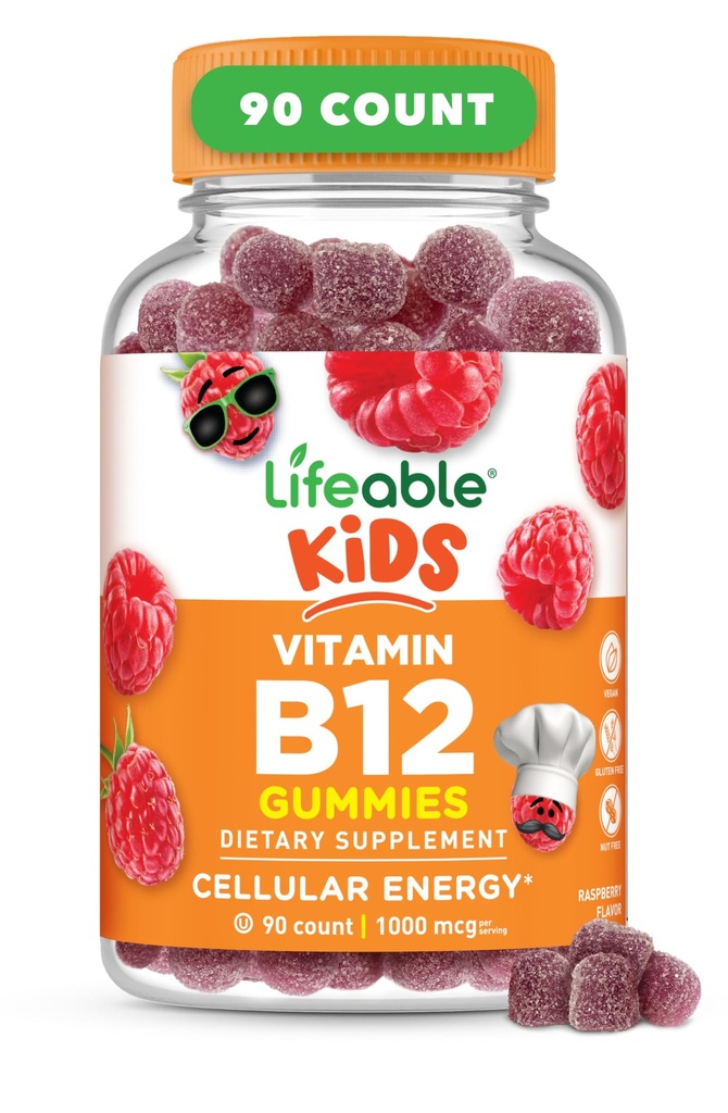 아이를 위한 Lifeable Vitamin B12 | 1000 mcg | 그레이트 타스팅 비타민 B12 구미 | 글루텐 무료, 비건 B12 비타민 | B12 비타민 에너지, 무드 및 신경계 지원 | 90 구미