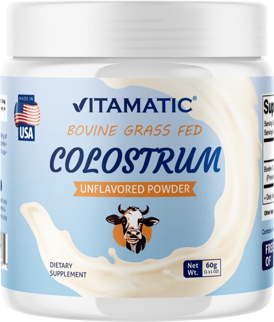Vitamatic Bovine Colostrum 30 % IgG 파우더 - Gut Health, Hair Growth, Beauty, Muscle Recovery, & Immune 지원을위한 보충 - 믹스하기 쉬운 - 60 그램 (30 서빙, Unflavored)