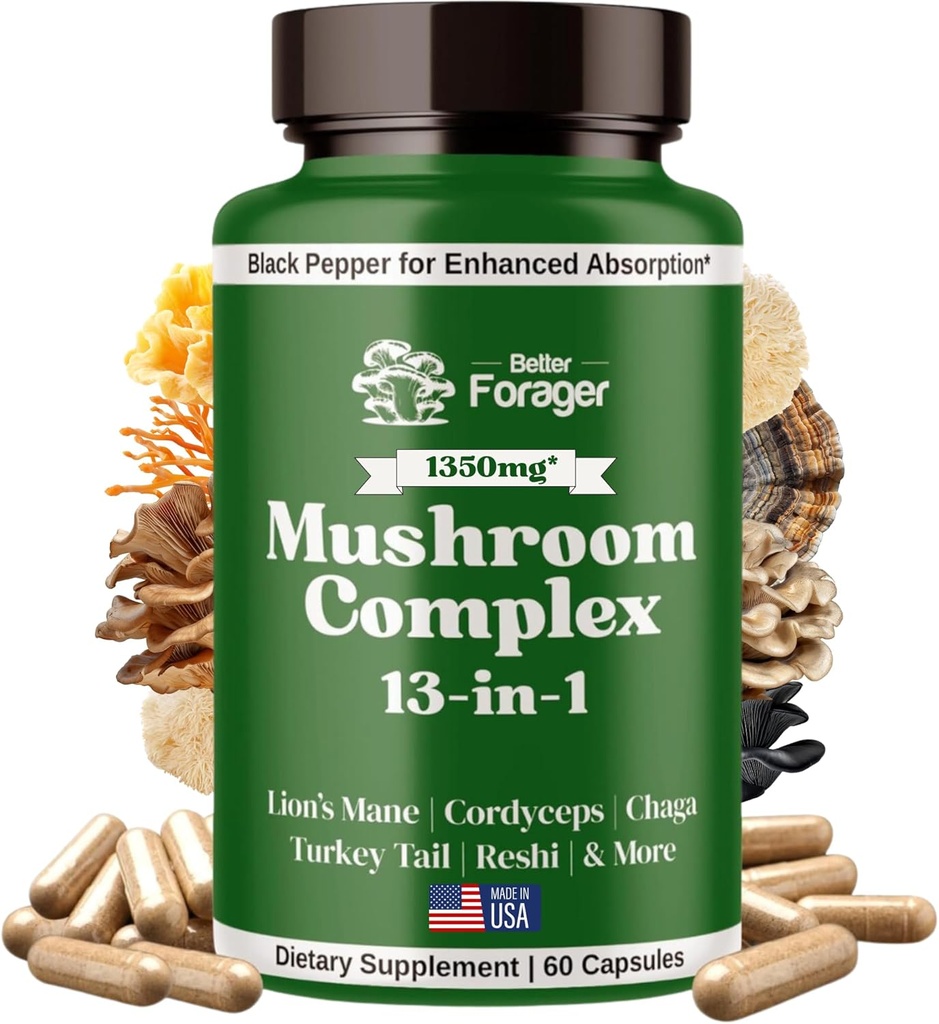 버섯 복합 캡슐, 13-in-1 버섯 보충, 사자 Mane, Reishi, Cordyceps, & 더 많은, 촉진 초점, Clarity, & 기억, 추출물 보충교재, 1 달 공급, 60 조사