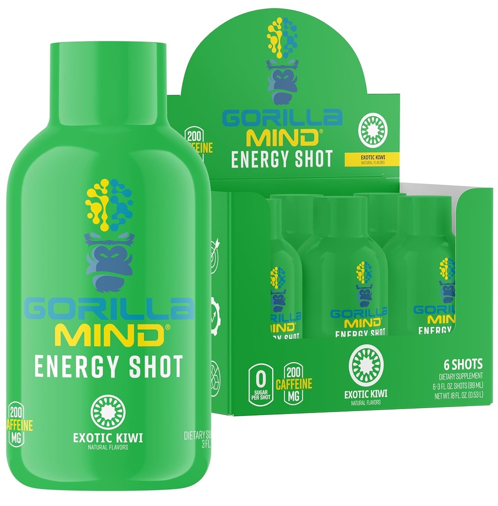 Gorilla Mind Energy Shots (Pack of 6) - 향상된 Focus & Energy, Sugar-Free, Fast-Acting, 비타민 및 천연 추출물 (Exotic Kiwi)를 가진 강력한 공식