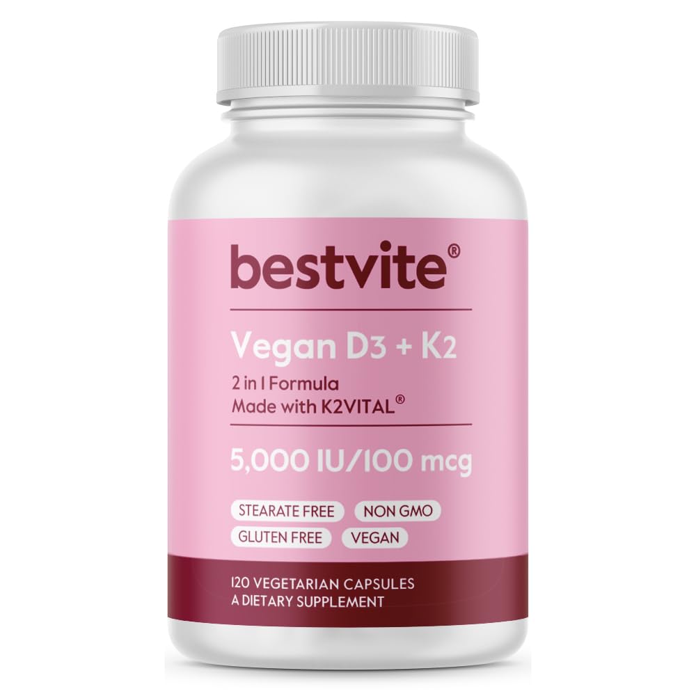 BESTVITE Vegan 비타민 D3 5000 IU + 비타민 K2 100 mcg MK-7 (120 채식 캡슐) - Stearates 없음 - Vegan - 비 GMO - 글루텐 무료