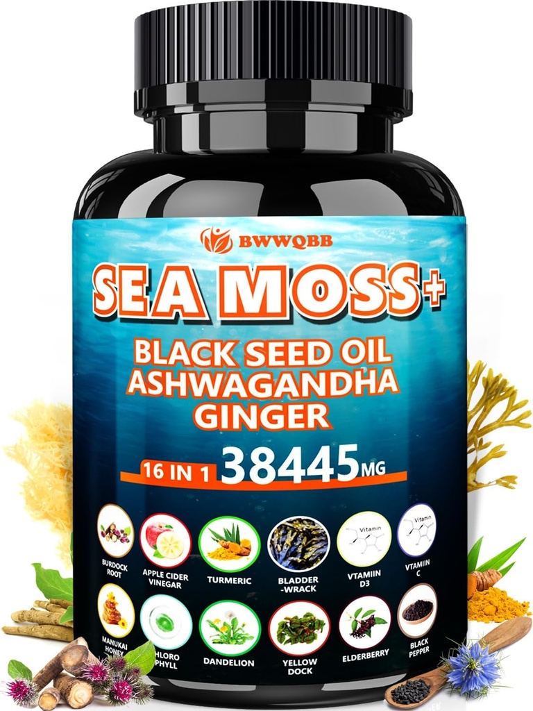 바다 Moss 350mg 까만씨 기름 200mg Ashwagandha 100mg Turmeric 100mg Bladderwrack 100mg Burdock 100mg의 All-in-1 바다 Moss 캡슐-60 조사