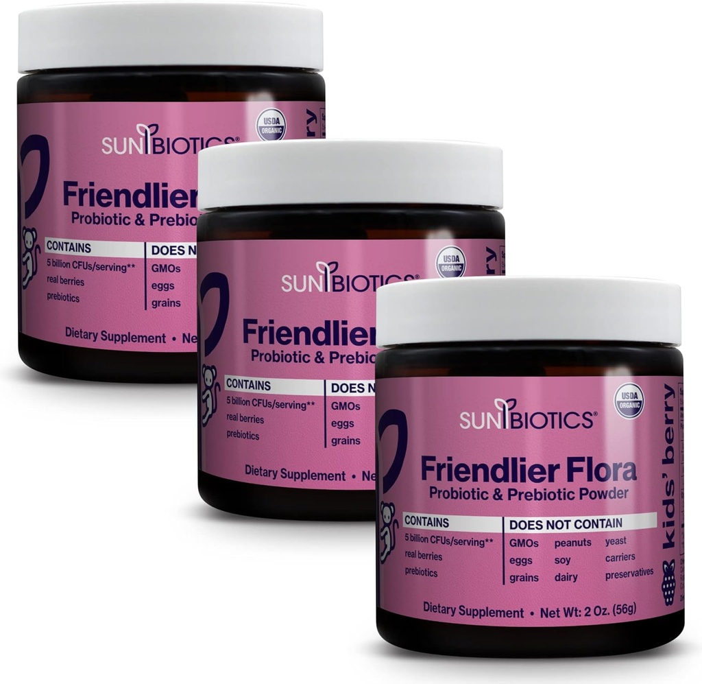 SUNBIOTICS Friendlier Flora - 아이 프리 바이오 틱 및 프로 바이오 틱 파우더 보충 5 좋은 Gut Flora, Immune 시스템, & 밸런스 Microbiome에 대한 Probiotic Strains의 억 CFUs의 5 억 CFUs와