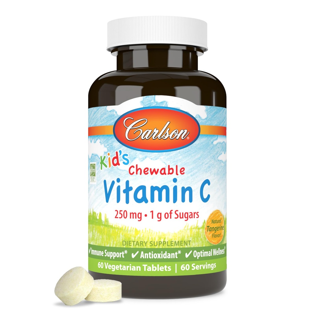 Carlson - Kid's Chewable Vitamin C, 250 mg, 설탕 1g, 면역 지원 & Optimal Wellness, 산화 방지제, Tangerine, 60 채식 정제