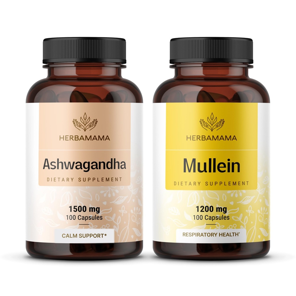 HERBAMAMA Ashwagandha와 Mullein 장비 - 1500 mg Ashwagandha 뿌리의 번들 & 1200 mg Mullein 잎 캡슐 100 모자 - Vegan, Non-GMO, Sugar & Alcohol-Free - 2 팩