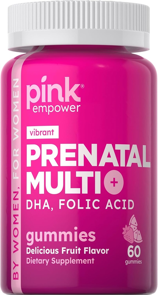 PINK Prenatal Vitamin | 60 Gummies with DHA and Folic Acid | 비 GMO & 글루텐 무료 멀티비타민 | 과일 맛