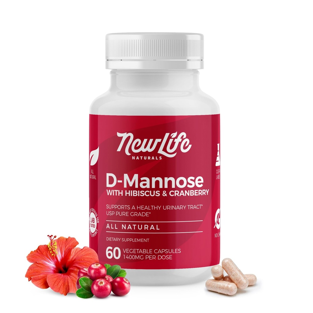 NewLife Naturals D-Mannose Capsules | w/Cranberry and Hibiscus Extract | 천연유린 태크 건강 보충 | 1400mg Pure Veggie Powder | 60 Veggie Capsules