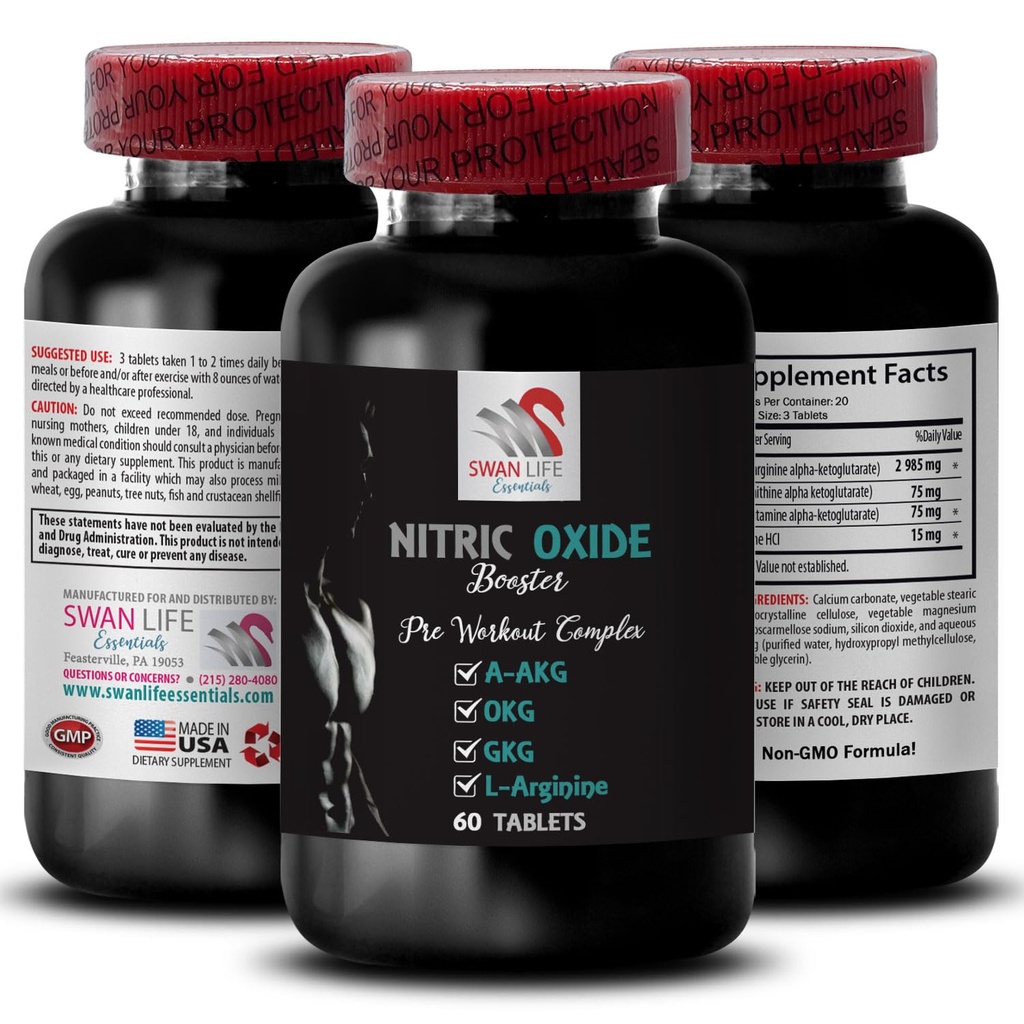 A-AKG, Nitric 산화물 - Nitric 산화물 승압기 - 운동 보충교재, 힘 부스트, 힘 증강 인자, 내구시간 혼합, 체력 증가, 성과 승압기, 회복 공식, 근육 초점 1 병 60 탭