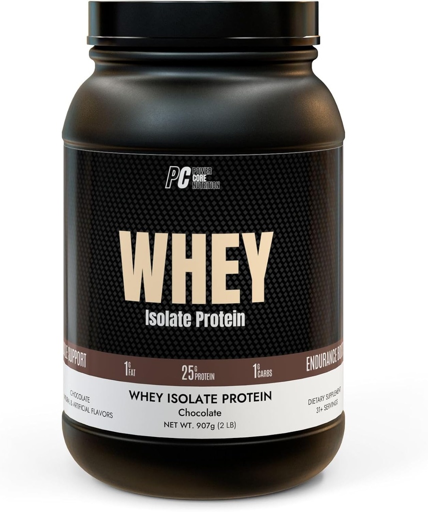 PowerCore Nutrition Whey Isolated Protein - 저렴한 Carb, 저지방, 쉽게 혼합 - 서빙 당 25g 단백질 - 초콜릿 맛, 비 GMO, 근육 회복 및 Lean Gains Supplement (2 lb)