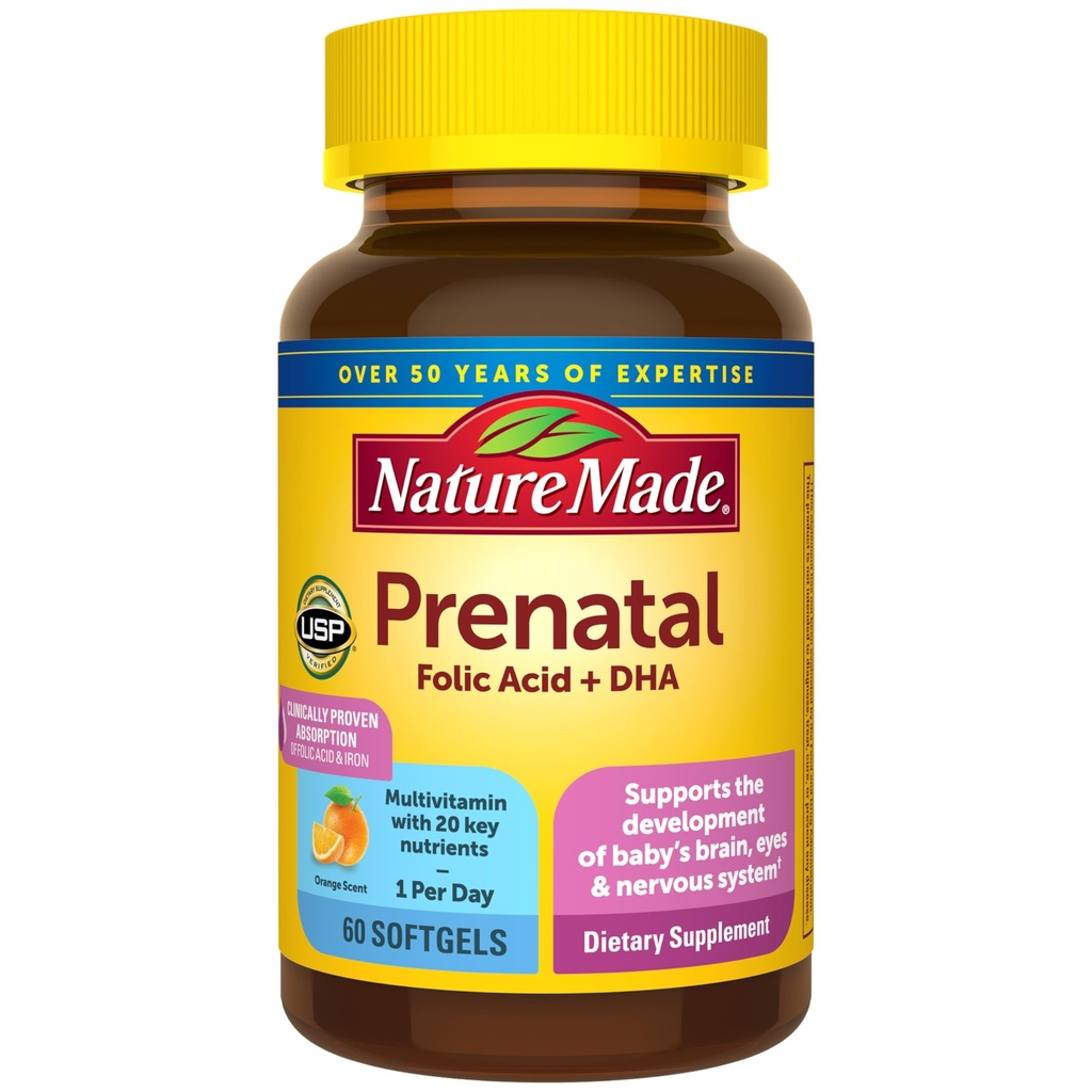 Nature Made Prenatal with Folic Acid + DHA, Prenatal Vitamin and Mineral Supplement for Daily Nutritional Support, 60 Softgels, 60 일 공급