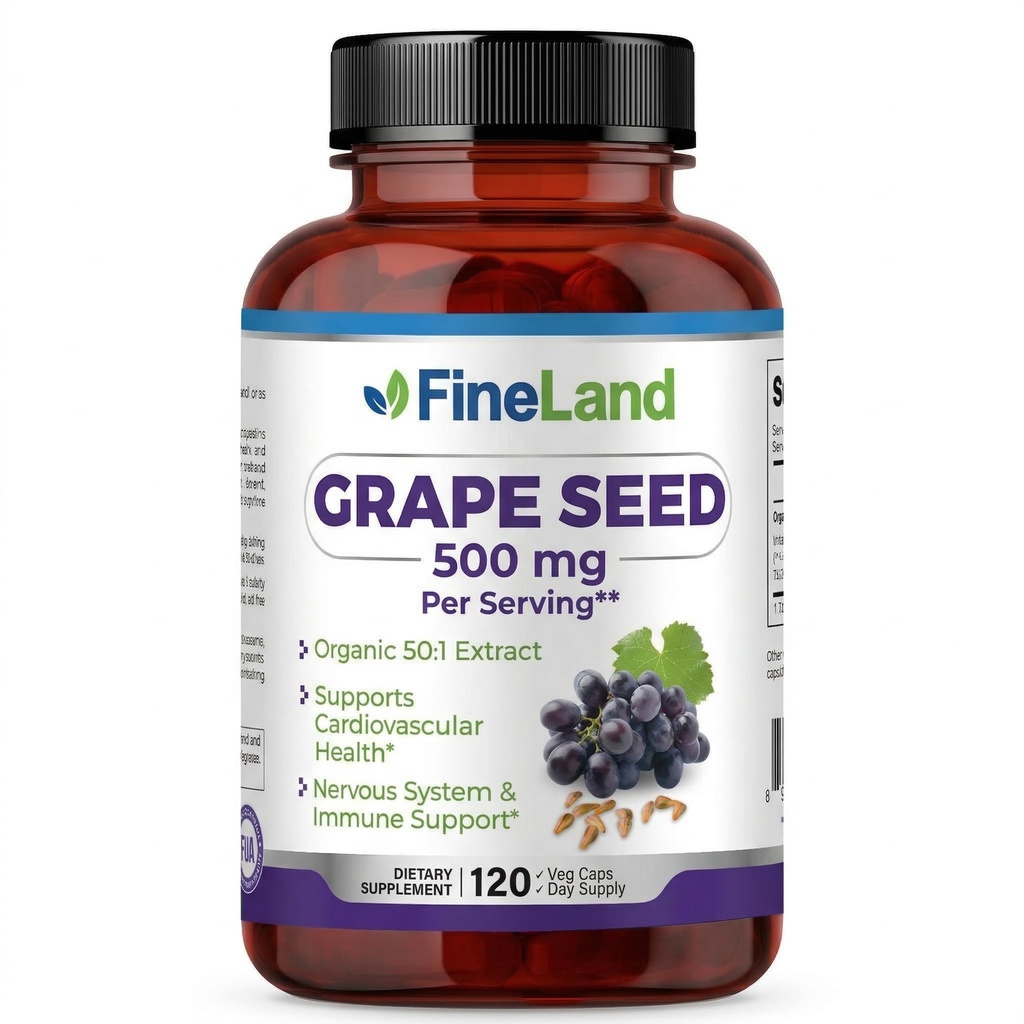 FineLand 포도 씨앗 추출 50:1 – 25,000 mg 캡슐 당 동등 – 120 Vegan 캡슐 – 항 산화제에 풍부한 | 심장, 면역 및 순환 지원 – Non-GMO | 미국에서 만든