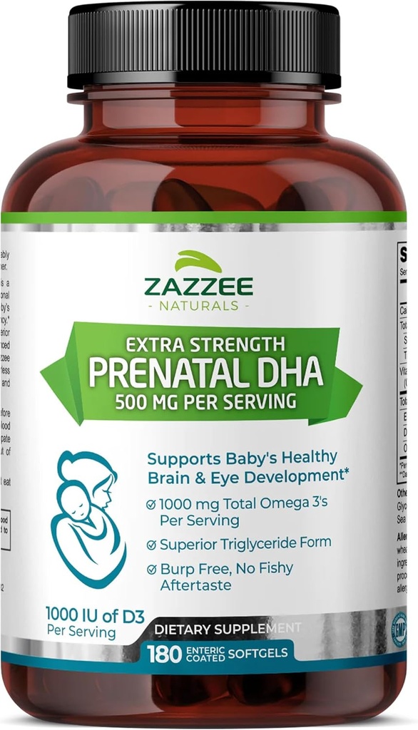 Zazzee 여분 힘 Prenatal DHA 500 mg, 180 Enteric 입히는 Softgels, 1000 mg Omega 3's, 1000 UI 비타민 D3, Burp Free, No Fishy Aftertaste 없음, 우량한 Triglyceride 모양, 순화된 깊은 바다 물고기 기름