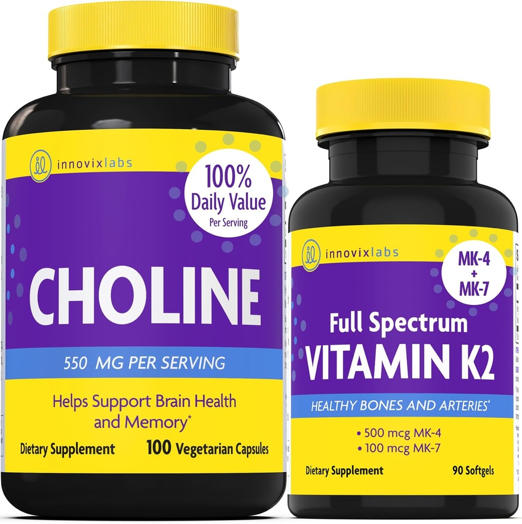 InnovixLabs Choline & Vitamin K2 번들 콜린 비트 레이트 550mg (100 캡슐) 전체 스펙트럼 비타민 K2 (90 Softgels). Memory, Mood, Brain Health & Boost Cognitive 지원