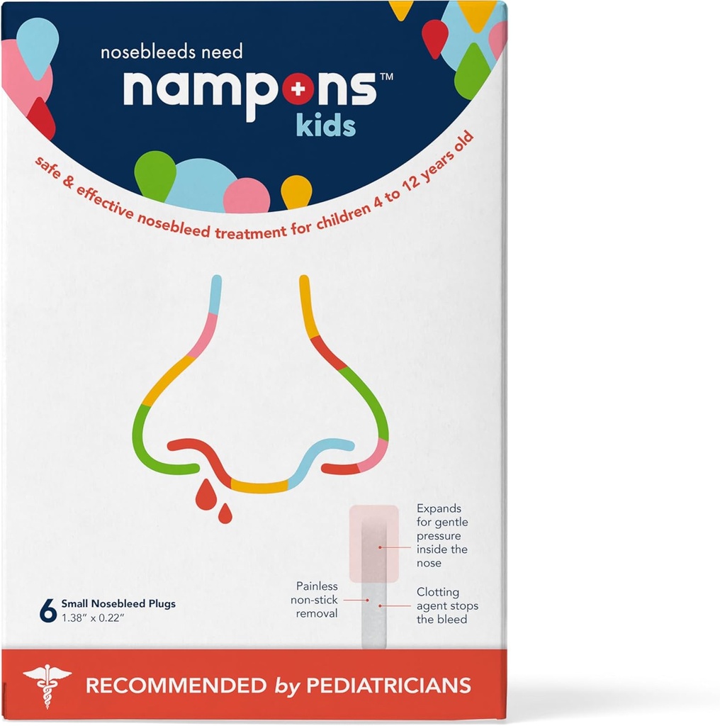 Nampons Kids Nosebleed Stoppers - 6 아이들을위한 Nose Bleed Stopper Plugs 키트를 사용하기 쉬운. Pediatricians에 의해 신뢰. Hypoallergenic Clotting Agent는 접촉에 Nosebleeds를 빨리 멈춥니다. 안전하고 통증없는