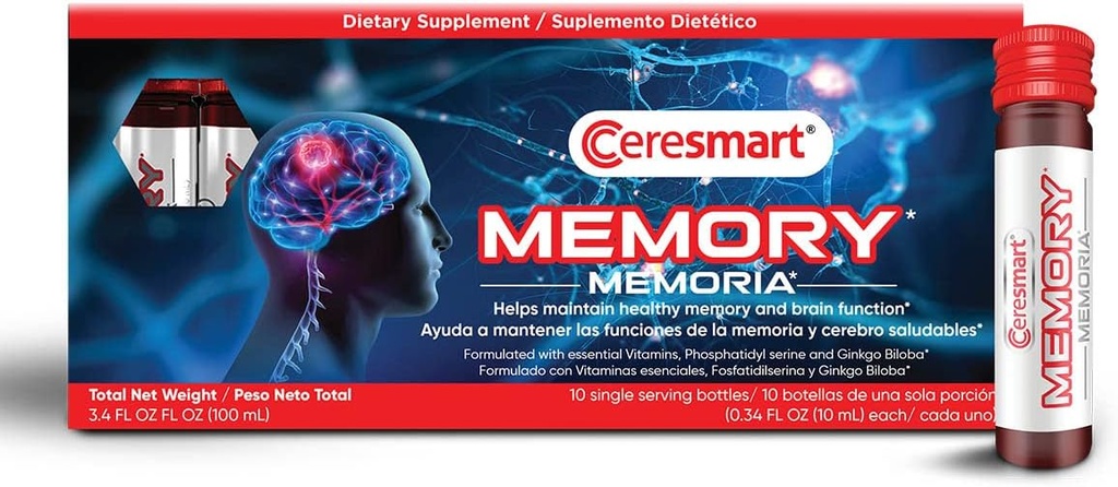 뇌를위한 Ceresmart 메모리 보충 – 10-Pack Brain Boost Shot – Ginko Biloba, Vitamins와 음료 메모리 보조 식품 – 메모리 및 초점을위한 두뇌 보조 식품, 일반 두뇌 기능