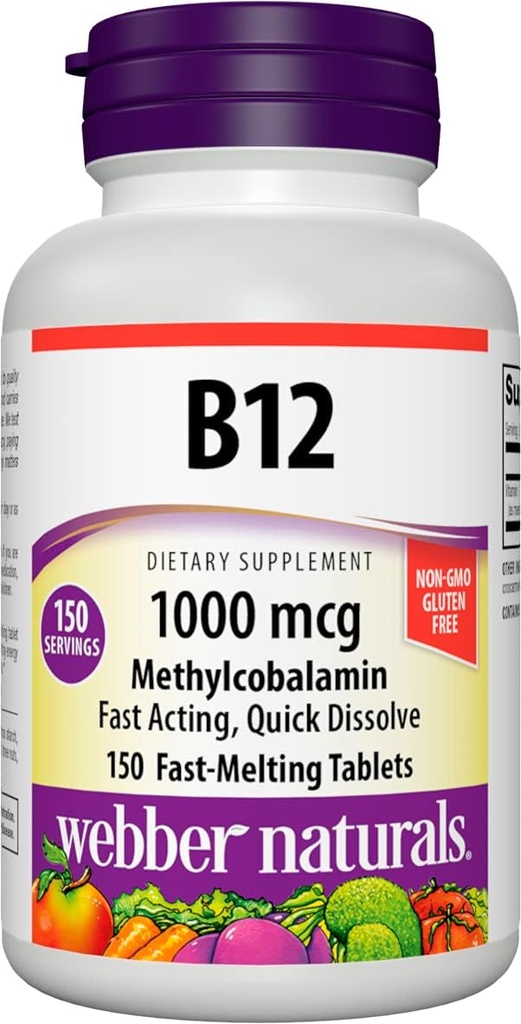 Webber Naturals 비타민 B12 1000 mcg, 150 카운트, 빠른 용해 정제, 에너지 대사, 면역 및 심장 건강, 채식 공식, 150 일 공급에 대한 비타민 보충 지원
