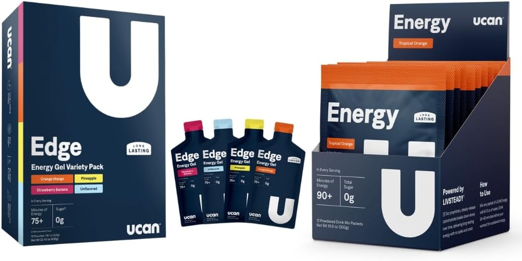 UCAN 교육 스타터 팩, Edge Energy Gel 다양성 팩, Energy Powder Tropical Orange, Pre & Post Workout for Men and Women | Vegan, Keto Friendly