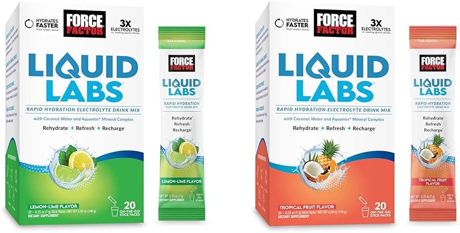 FORCE FACTOR Liquid Labs Electrolytes Powder, Hydration Packets의 번들은 비타민, 미네랄 및 산화 방지제와 함께 Electrolyte Water를 만드는 것입니다. 레몬 - 레몬 맛 + 열대 과일 맛, 40 스틱 팩