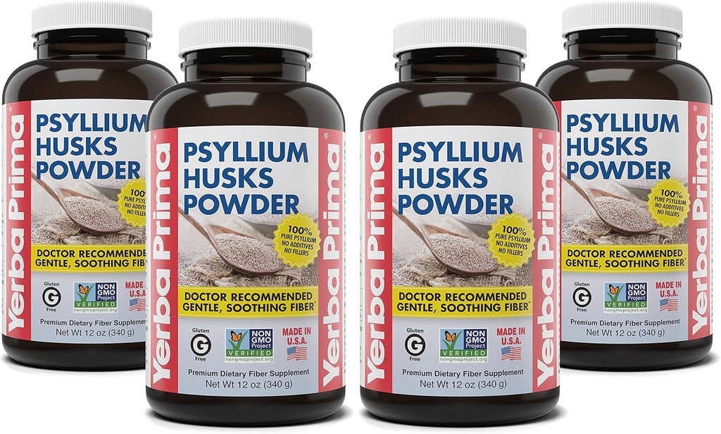 Yerba Prima Psyllium Husks Powder - 12 oz (Pack of 4) - 천연 섬유 보충 - 콜론 클렌징 - Gut Health - Vegan, Non-GMO, 글루텐 프리 (새로운 라벨 - 포장 월병)