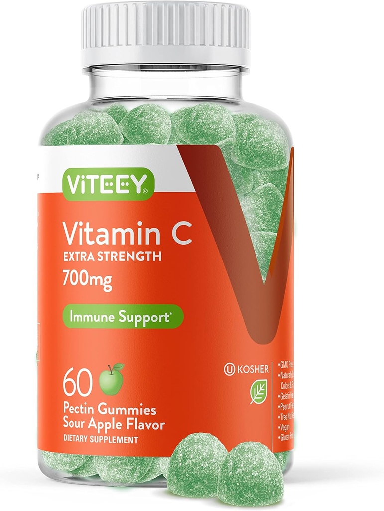 성인을위한 Viteey Chewable 비타민 C Gummies - 700mg 여분의 강도 면역 지원 보충교재 - Vegan, 글루텐 무료 - 60 조사