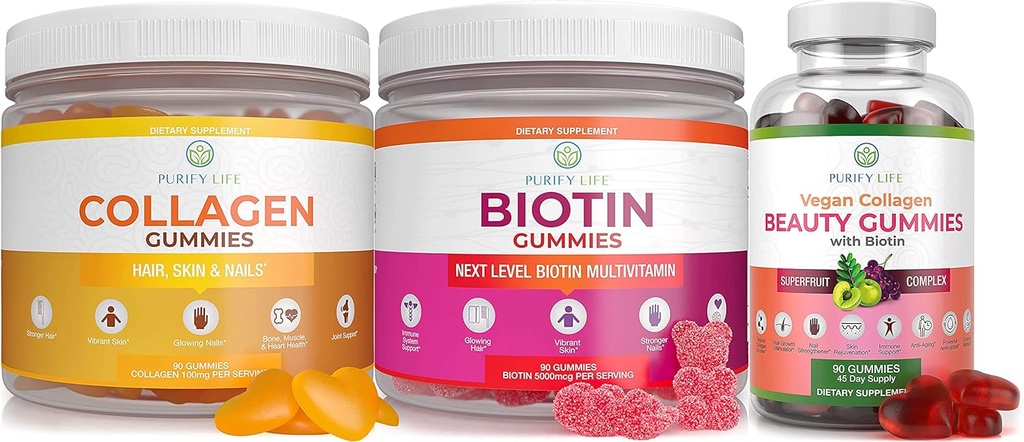 Life Marine Collagen, Biotin, & Vegan Collagen 번들, 헤어 스킨과 손톱을위한 Gummies (Bulk - 90 Chews), 관절 관리 비타민, 면역 지원, 아름다움, Detox & Cleanse, 대체 캡슐, 알약