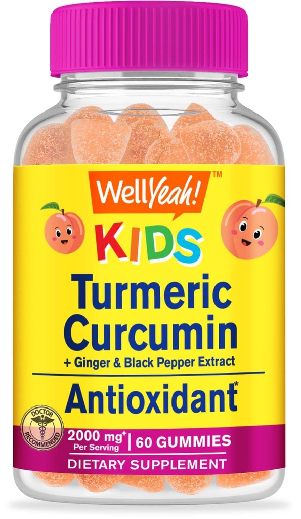 WellYeah Turmeric Curcumin with Black Pepper Gummies for Kids - 자연 면역 지원, 관절 및 근육 건강, 소화 건강 및 두뇌 기능 - Non-GMO, Vegan, 글루텐 - 60 카운트