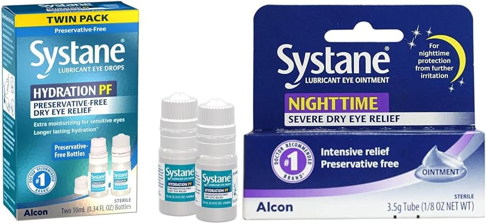 Systane Hydration 다 복용량 부식 자유로운 눈 하락 건조한 눈 기복 쌍둥이 팩 (2x10ml) & 야간 윤활유 눈 연고 3.5g 관