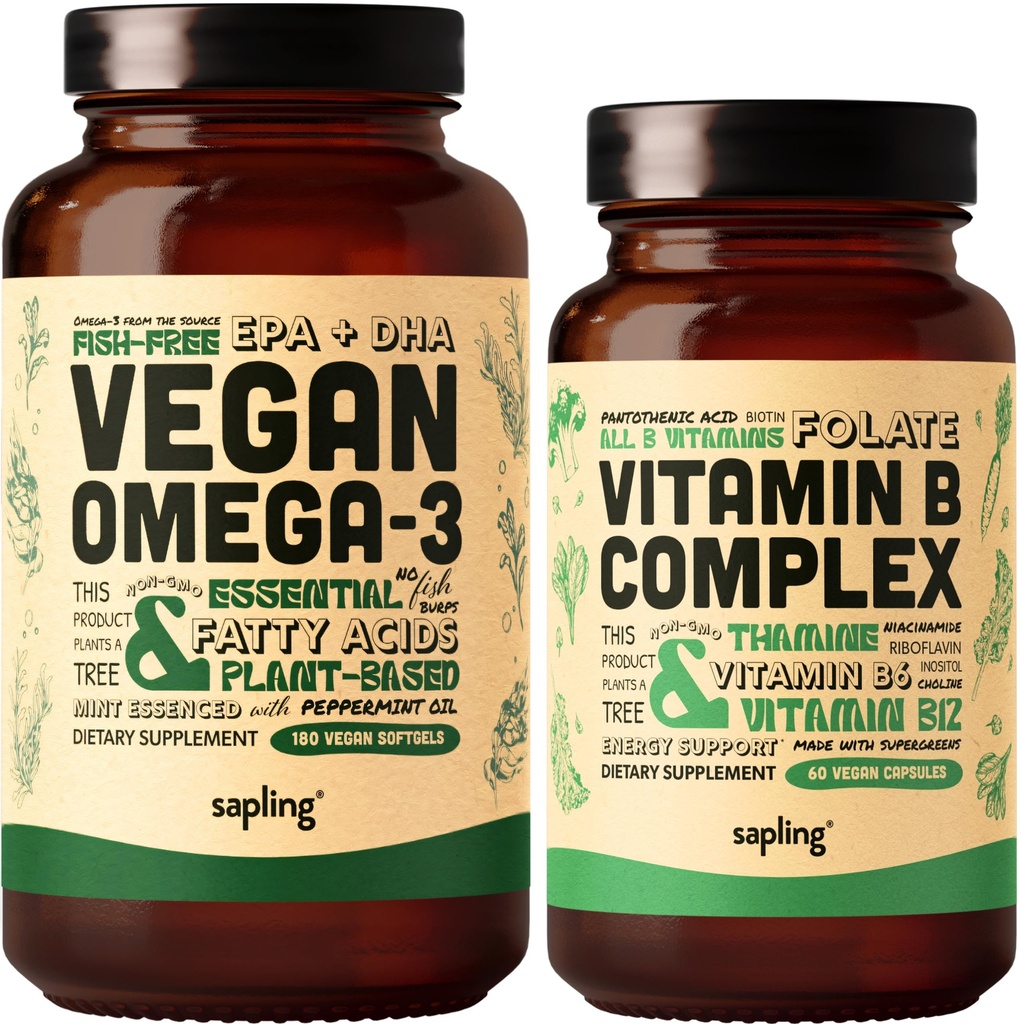 Vegan Omega 3 180 Softgels & Vegan 비타민 B Complex 번들 - 식물 기반 DHA 및 EPA 지방산, 전체 식품 혼합, B1, B2, B3, B5, B6, B7, Folate를 가진 필수 B 비타민