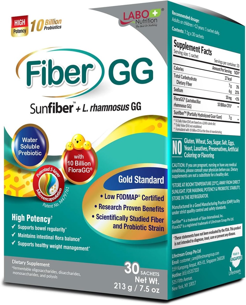 LABO 영양 FiberGG, Lactobacillus Rhamnosus GG 10 억 CFU 활성 Probiotics 및 7g Sunfiber Prebiotic 섬유 보충, 건강한 Intestinal, 면역 건강, 글루텐 무료, 30 Sachets 지원