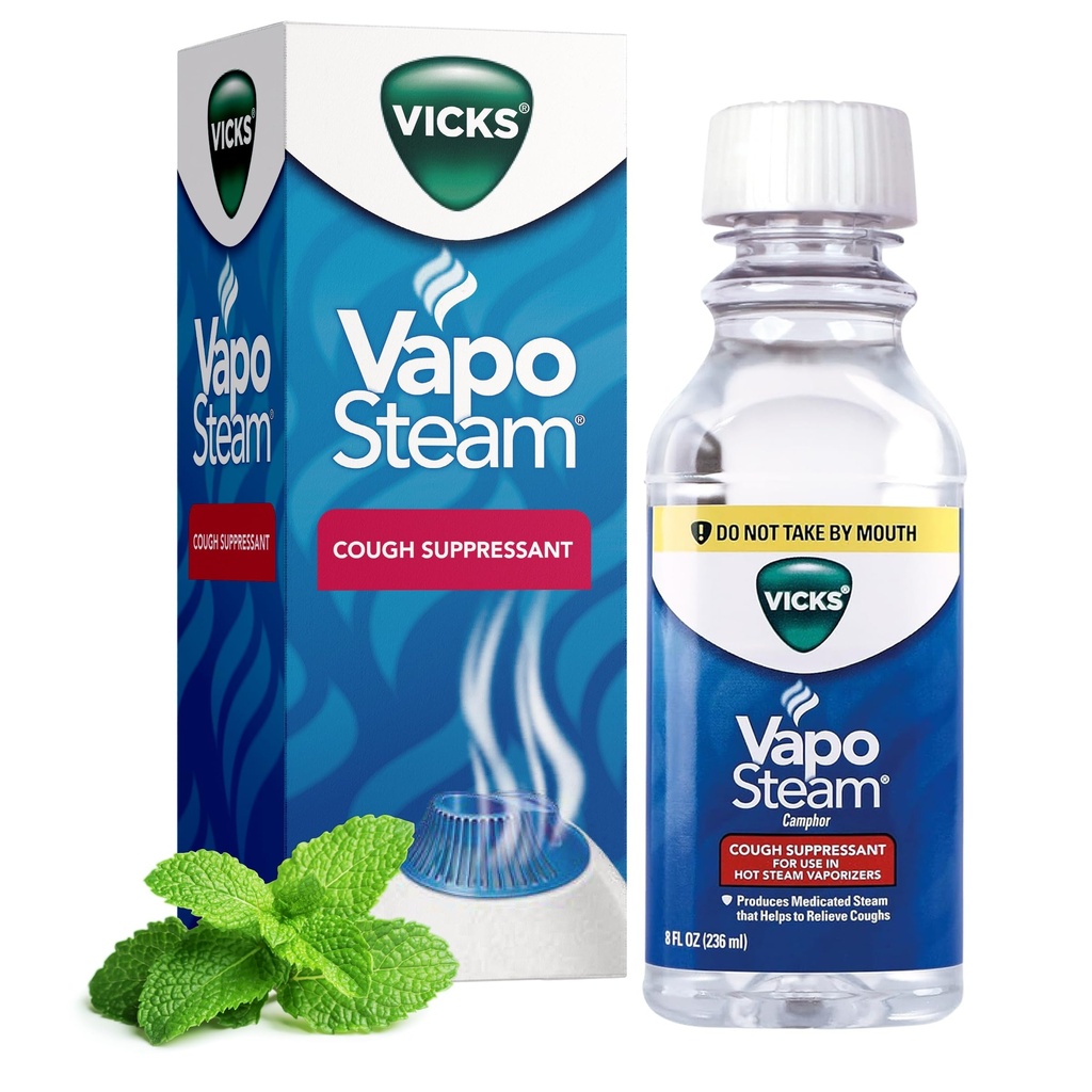 Vicks VapoSteam Medicated Liquid with Camphor, Cough Suppressant, Vicks Vaporizers 및 Humidifiers, 8 Oz의 사용을 위해 기침을 완화하는 데 도움이됩니다.