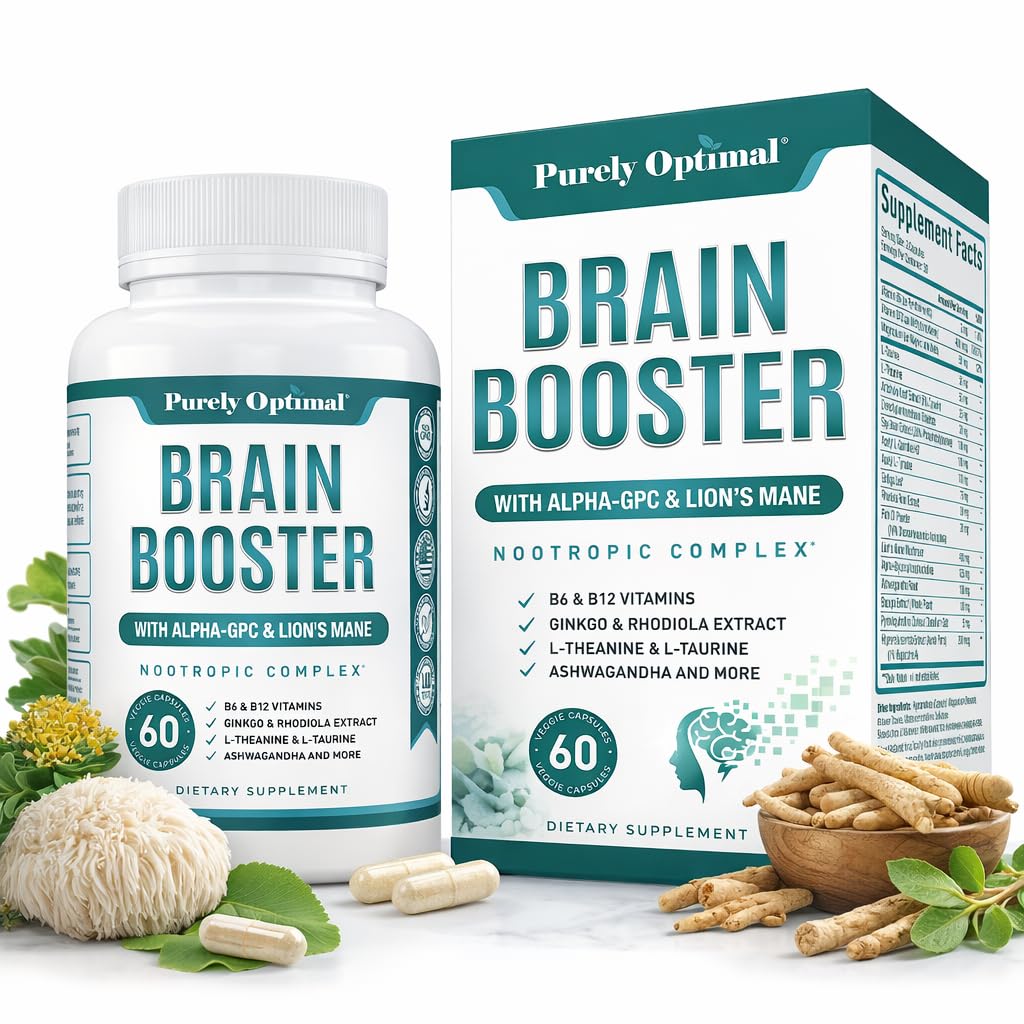 Purely Optimal Brain Booster Nootropic Supplement - 기억, 초점, Clarity, 성인을위한 Jitter-Free Energy, Ginkgo Biloba, Alpha GPC, Lion 's Mane - 60 캡슐