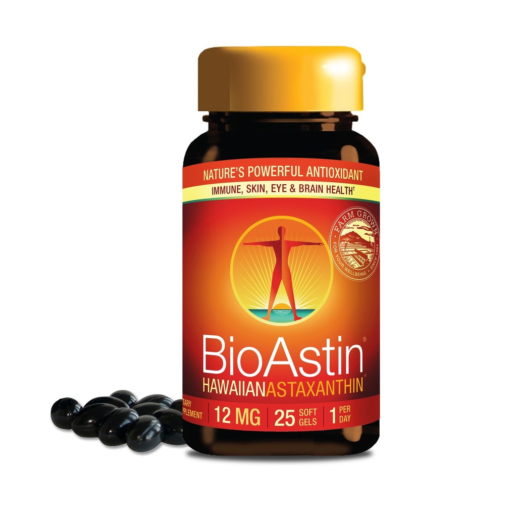 Nutrex Hawaii BioAstin Hawaiian Astaxanthin - 12mg, 25 Softgels - 농장 직접 프리미엄 산화 방지제 보충 아이, 피부, 관절 및 면역 체계 건강 지원 - Non-GMO & 글루텐 자유로운