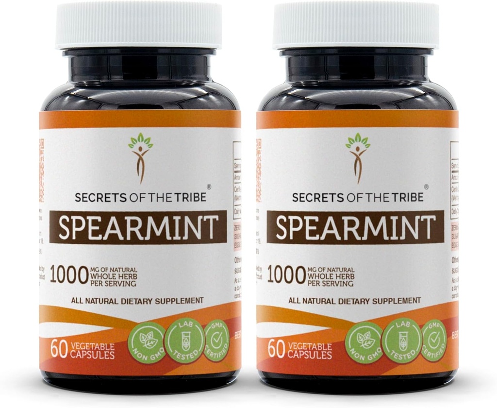 Tribe Spearmint 캡슐의 비밀 1000 mg Spearmint (Mentha spicata) 잎, 여성 호르몬 지원 보충교재 (2x60 캡슐)