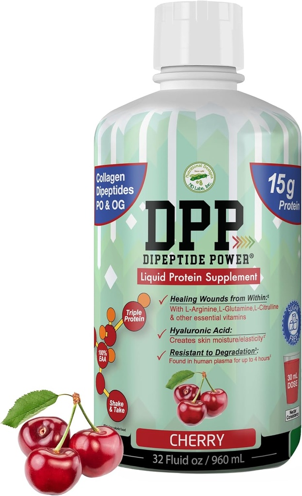DPP Dipeptide 힘, 부상 치유, 30X 분말, 액체 단백질 보충교재, 설탕 자유로운, 지원 건강한 조직 수선, 발 Ulcers, 화장용 수술 (Cherry, 32 Fl Oz) 보다는 교원질 Dipeptides 더 많은 것