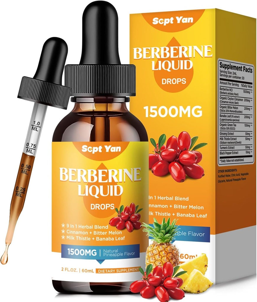 Berberine 보충교재 액체 하락 - Ceylon Cinnamon, Bitter Melon, Banaba 잎, Immune, Digestion 체계를 위한 Turmeric, 심장 지원, 자연적인 파인애플 풍미, 2 Fl Oz를 가진 Berberine 1500mg