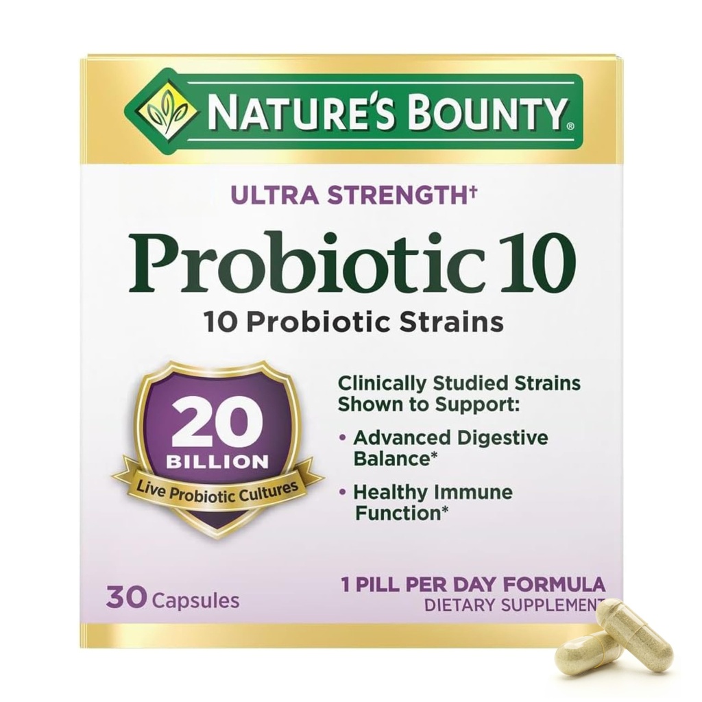 Nature 's Bounty Probiotic 10 Digestive, Immune 및 Upper Respiratory Support, Ultra Strength, 30 캡슐 1 팩